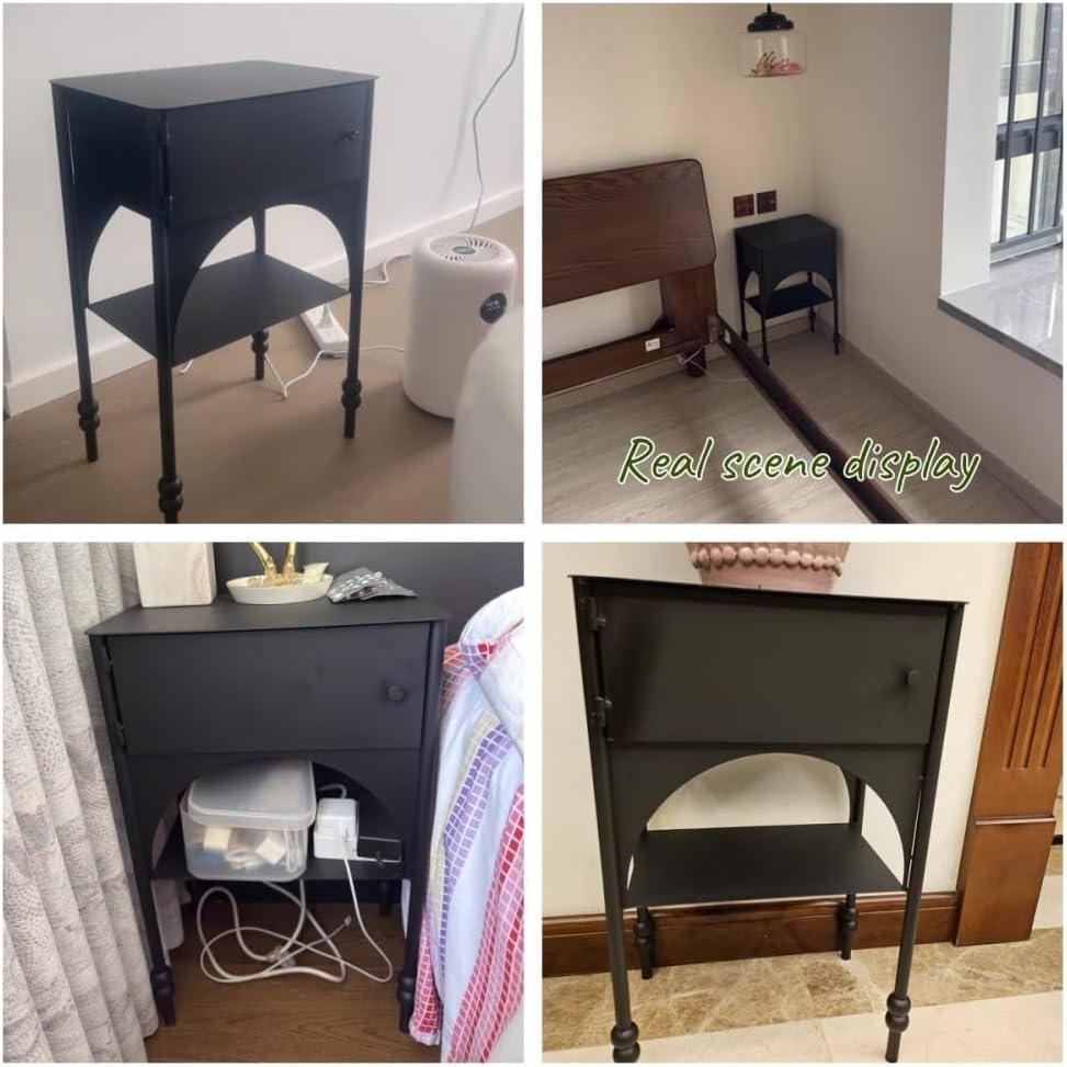 Black Side Table with Drawer, Wrought Iron Nightstand, 2-Tier End Table, Narrow Cabinet for Bedroom，Living Room, Office