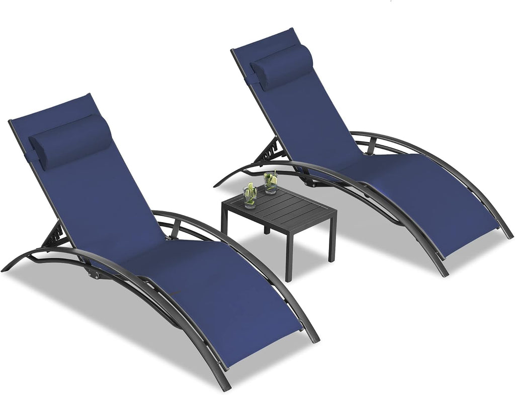PURPLE LEAF Pool Lounge Chaise Set of 3 Outdoor Lounger Chair, Navy Blue | 2 Chaise + 1 Table, Aluminum Frame, Adjustable Headrest & 5 Recline Angles, Stackable, UV Textilene Fabric, S-Curve Backrest