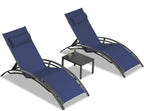 PURPLE LEAF Pool Lounge Chaise Set of 3 Outdoor Lounger Chair, Navy Blue | 2 Chaise + 1 Table, Aluminum Frame, Adjustable Headrest & 5 Recline Angles, Stackable, UV Textilene Fabric, S-Curve Backrest