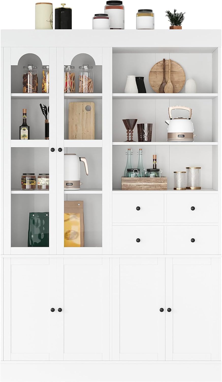 Freestanding Buffet with Hutch, 47.2 * 15.7 * 75 inch Tall Kitchen Pantry Cabinet with 4 Drawers, Door Shelves and Pull-Out Trays for Dining, Living Room, White