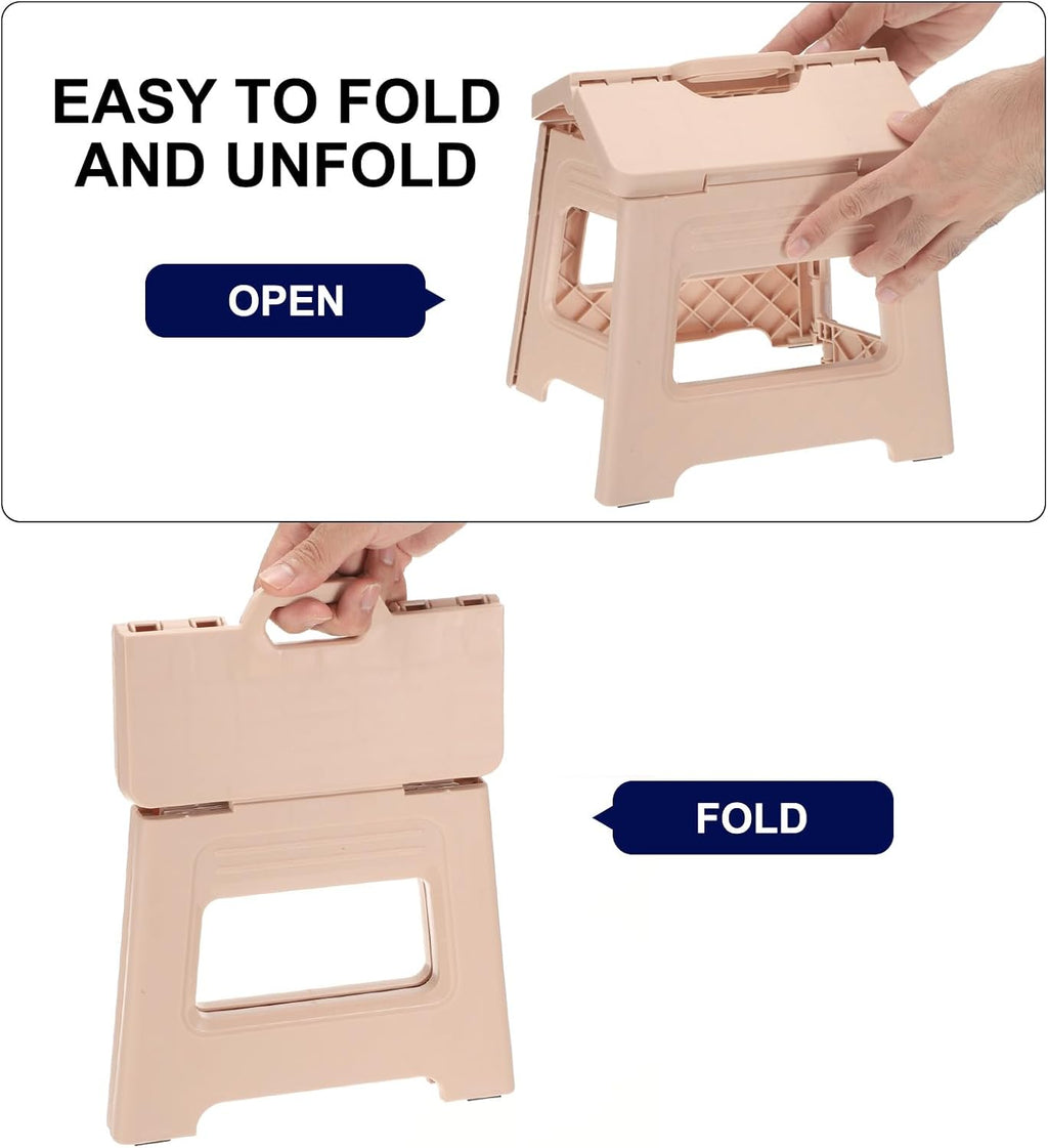 uxcell 8" Folding Step Stool for Adults 88 lbs Capacity Non-Slip Step Stool with Handle Collapsible Foot Stools, Brown Small Stepping Stool for Bathroom, Bedroom, Kitchen