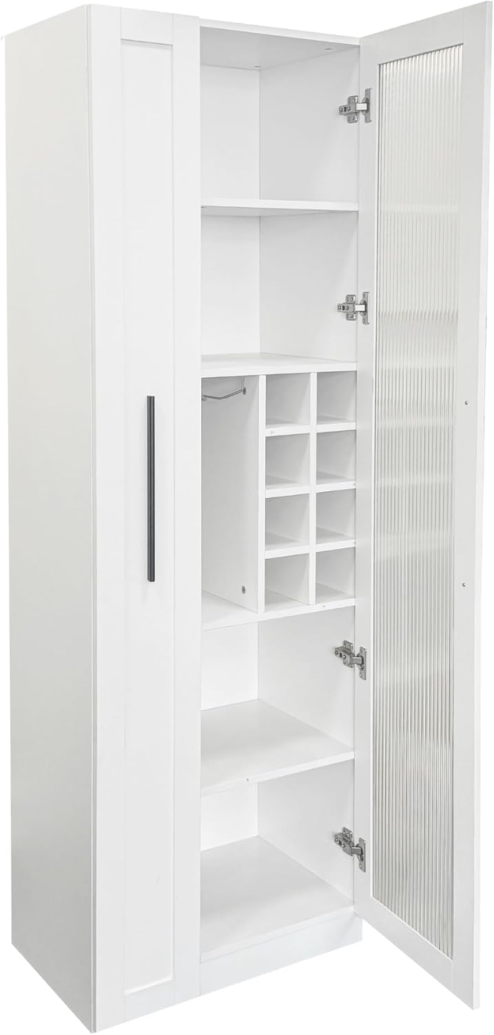 Kitchen Pantry Cabinet with Pull-Out Multi-Tier Storage Shelf, Farmhouse Storage Cabinet with Glass Doors, Tall Pantry Organizer for Kitchen, Dining Room & Living Room White