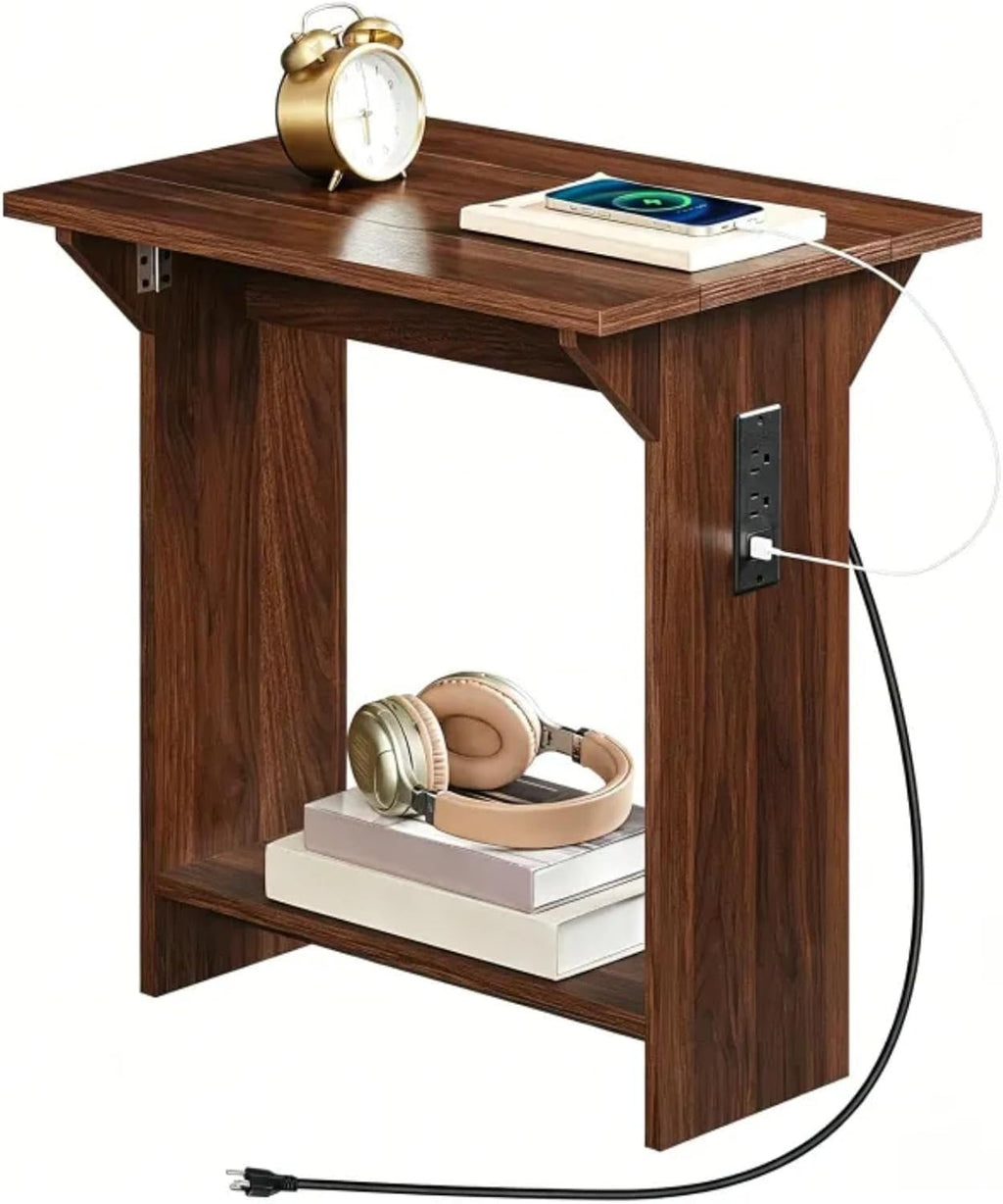 MAHANCRIS End Table with Charging Station, Foldable Narrow Side Table, Narrow Nighstand with Folding Top, Small Side Table for Small Spaces, for Living Room, Bedroom, Walnut ETZB74E01