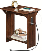 MAHANCRIS End Table with Charging Station, Foldable Narrow Side Table, Narrow Nighstand with Folding Top, Small Side Table for Small Spaces, for Living Room, Bedroom, Walnut ETZB74E01
