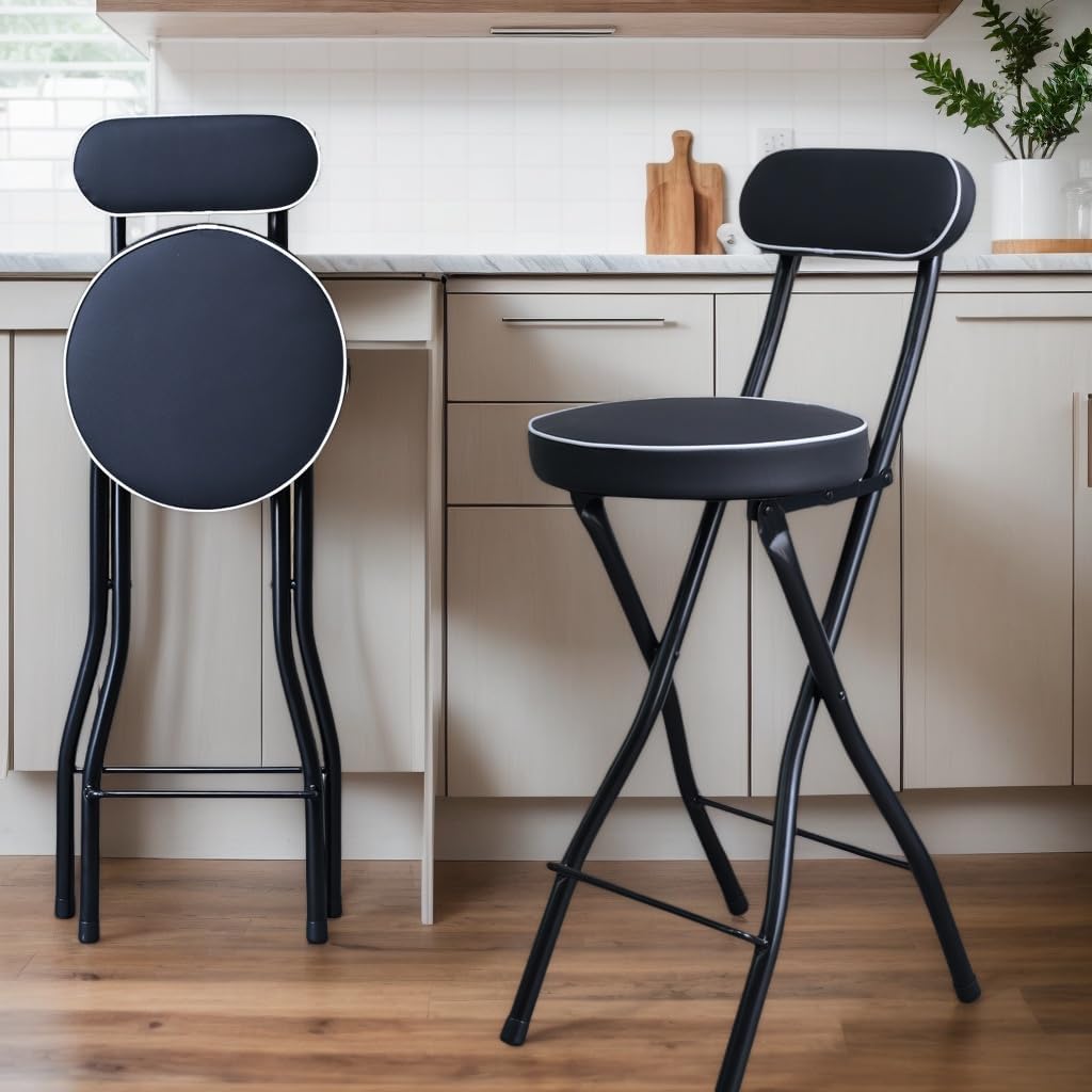UWEAR 1 PCS Folding Bar Stool with Back, Tall Foldable Stool Seat Padded Portable Stools Counter Height Foldable Stools Chairs Collapsible Stool for Adults Kitchen Island (Black)