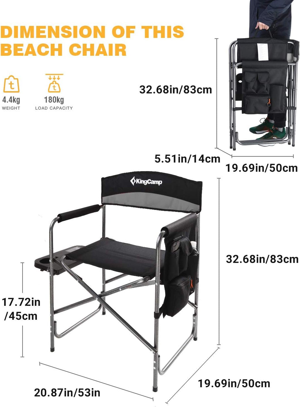 KingCamp Folding Camping Chair, Heavy Duty Portable Directors Style with Side Table Carry Handle Storage Pockets for Outdoor Tailgating Sports Backpacking Fishing, Black