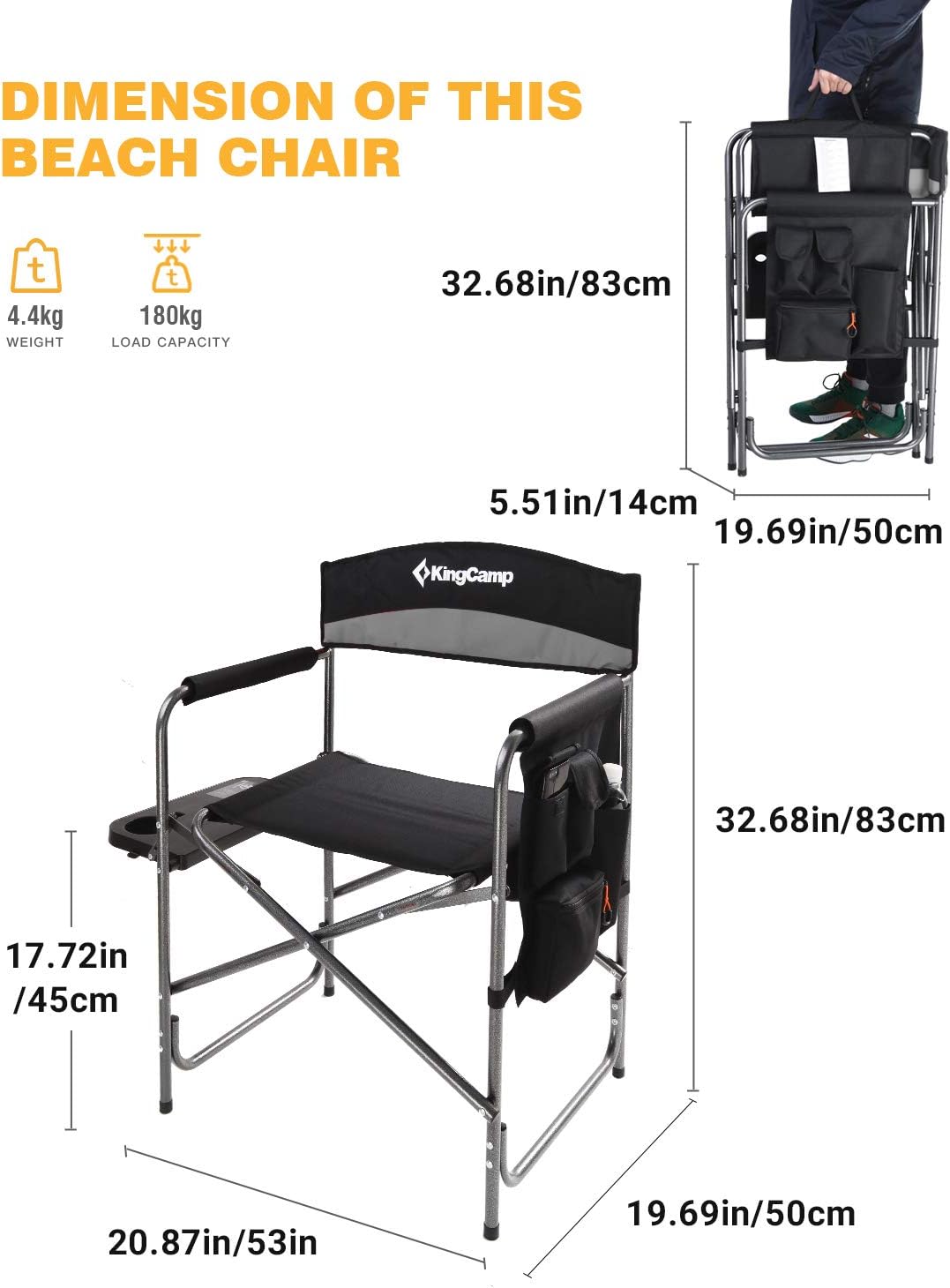 KingCamp Folding Camping Chair, Heavy Duty Portable Directors Style with Side Table Carry Handle Storage Pockets for Outdoor Tailgating Sports Backpacking Fishing, Black