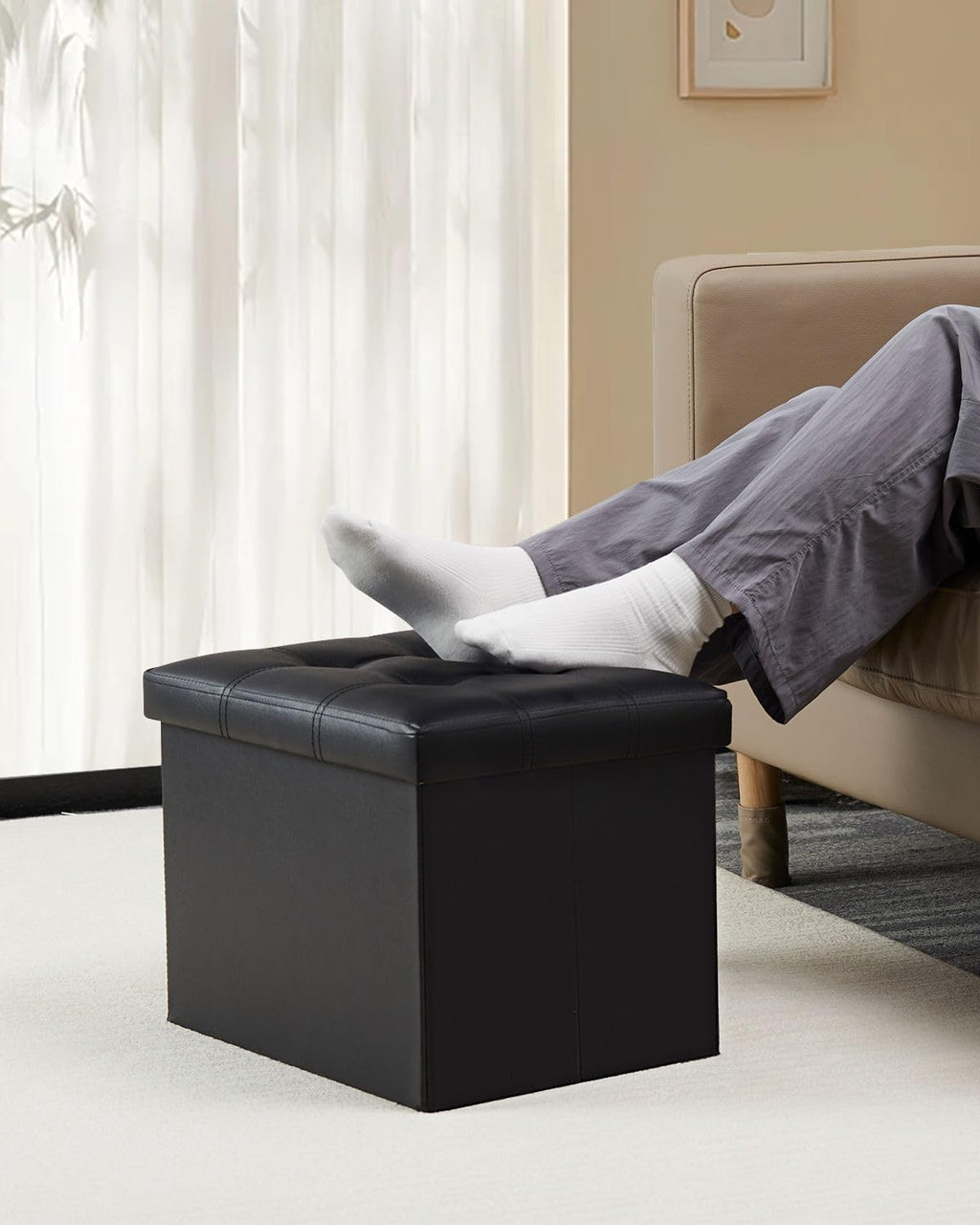 Bsketa Storage Ottoman Bench, 17" Folding Leather Foot Rest,Black 2 Pack | Ottoman with Storage, Thicker Foam Padded Seat, Living Room, Dorm, Bedroom, Load 330 lbs, Easy to install, 17x13x13in