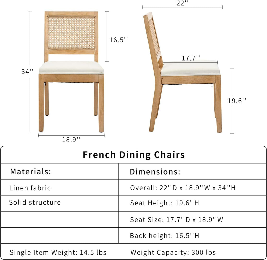 ODUSE-DAILY French Country Rattan Dining Chairs Set of 4, Beige Farmhouse Kitchen & Dining Room Chairs, Wood Dining Chair with Cane Back & Linen Upholstered Seat, Solid Wood Frame