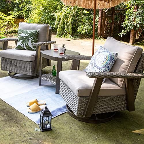 Joyside Outdoor 360° Swivel Rocker Patio Chairs Sets of 2 and Matching Side Table - 3 Piece Wicker Patio Bistro Set with Premium Fabric Cushion(Grey/Beige)