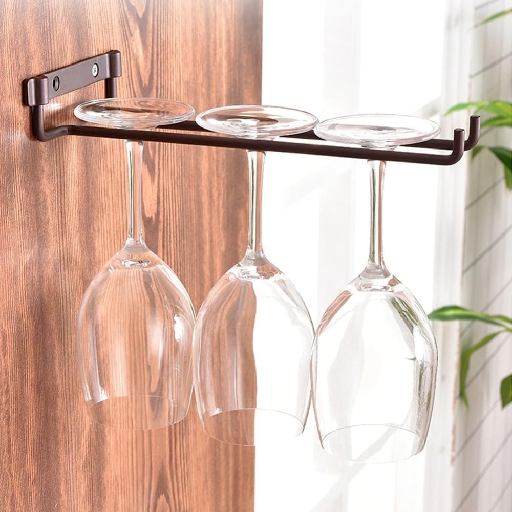 Stainless Steel Single Row Wine Glass Rack Space-Saving Cup Shelves Design Wall Mounted Holder for Kitchen & Bar Storage(Brown)