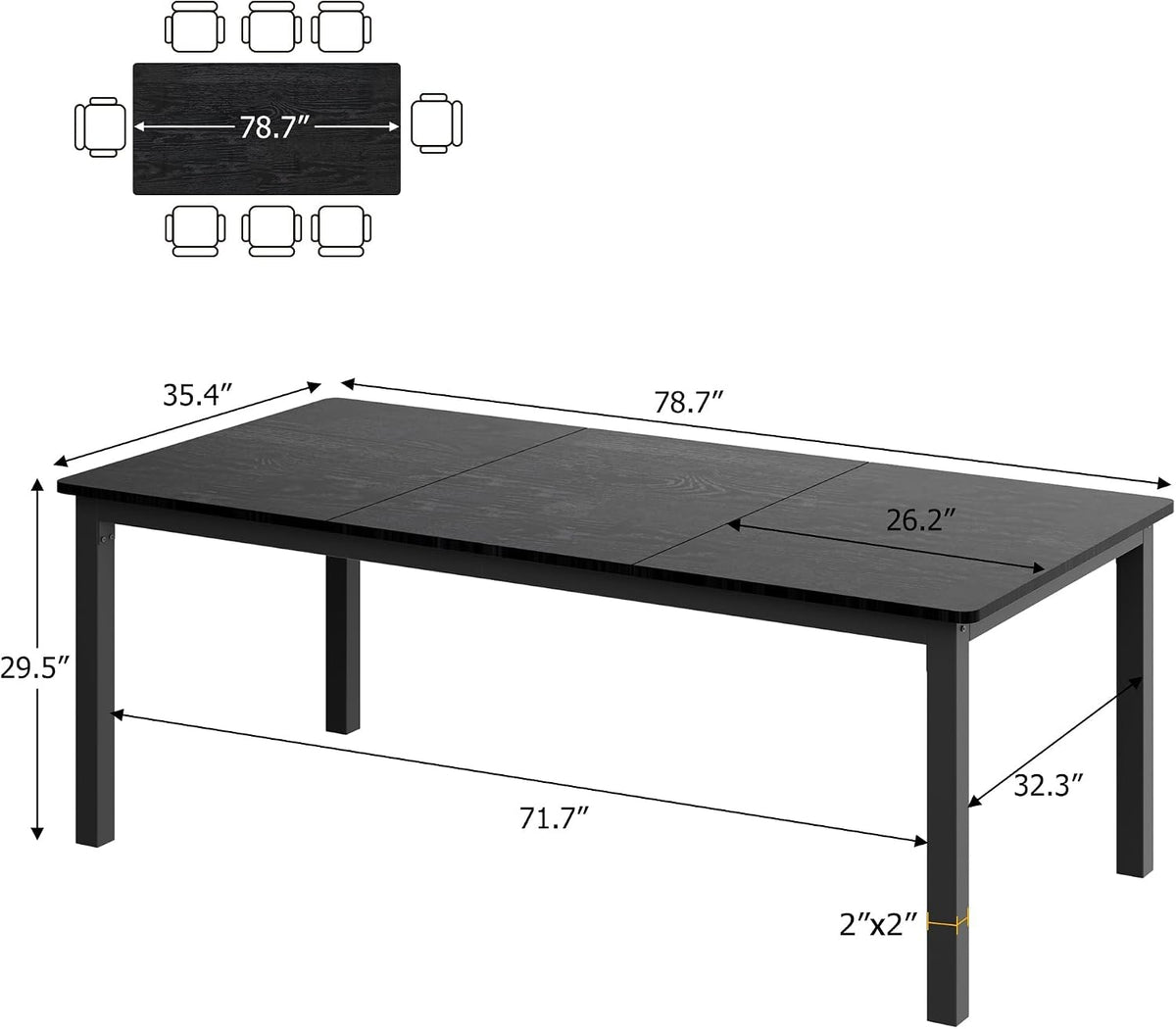 79 Inch Industrial Dining Table for 4-6 Person Rectangle Kitchen Table with Metal Legs,Round Corners, Writing Desk, for Modern Farmhouse, for Kitchen, Dining Room,Quick Assembly, Wood