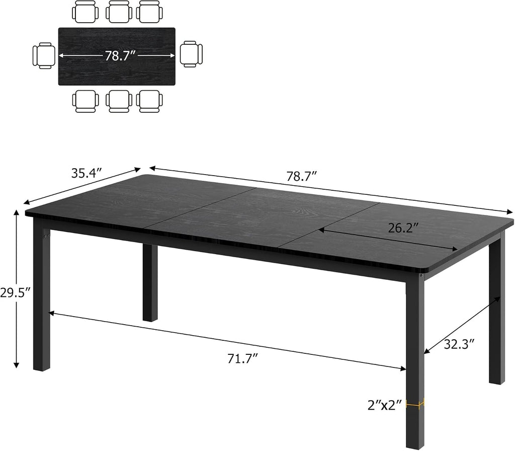 Garvee 79 in Dining Table for 6, Farmhouse Wooden Kitchen Tables for Family, Rectangular Industrial Style Dining Room Table with Sturdy Metal Frame, Long Desk for Restaurant, Kitchen, Office,Black