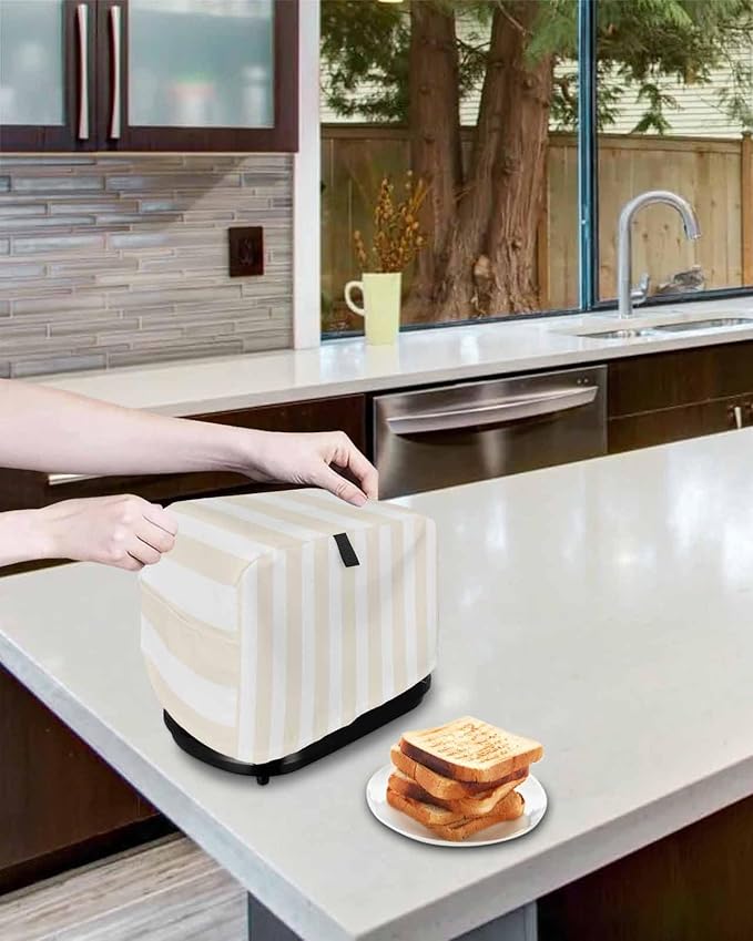 Toaster Cover 4 Slice Cream Stripes Toaster Oven Cover with Pockets White Vertical Striped Dustproof Bakeware Protector Small Kitchen Appliance Dust Covers and Fingerprint Protection for Women