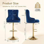 Gold Barstools Set of 4,Velvet Swivel Bar Height Stools with Lion Pull Ring,Upholstered Counter Height Stools with Tufted Back,Modern Adjustable Bar Chairs for Kitchen Island/Cafe, Navy Blue