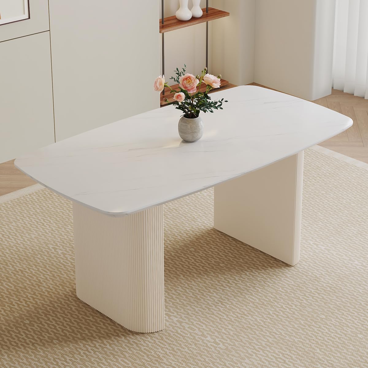White Oval Dining Table, 67'' Dining Room Table for 4-8 People, Modern Oval Kitchen Table with White Faux Marble Tabletop and Ripple Base, Table Only