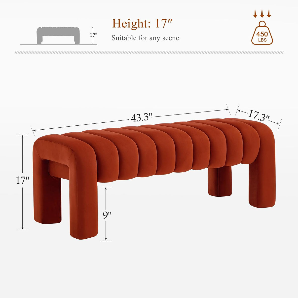63’’ Bench for Dining Table, Upholstered End of Bed Bench with Solid Wood Legs, Modern Small Entryway Bench with Full Covered Fabrics for Bedroom, Kitchen, Living Room (Rust, Velvet)