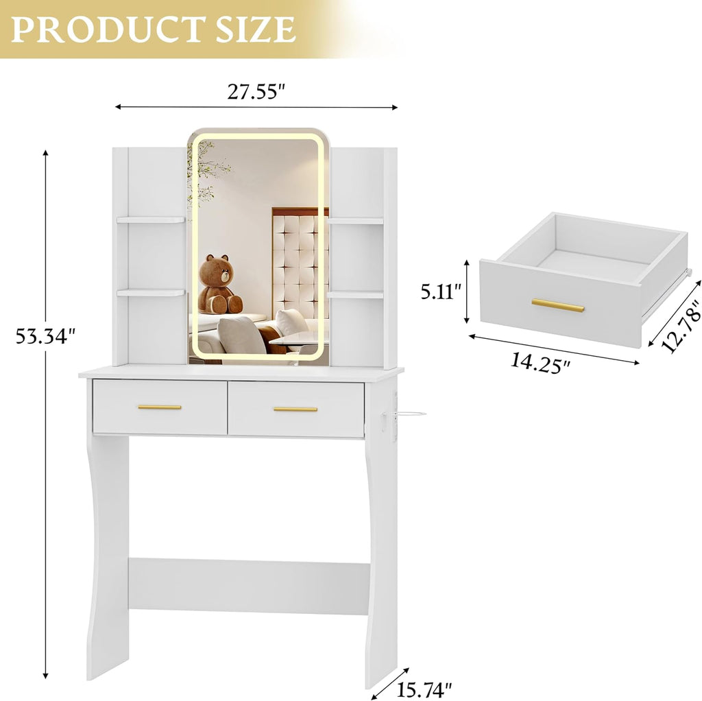 Xixini Vanity Desk with LED Lights Mirror & Power Outlet, Small Makeup Vanity Table Set with Storage Drawers, 3 Lighting Modes & Adjustable Brightness, Dressing Table for Women Girls Bedroom, White