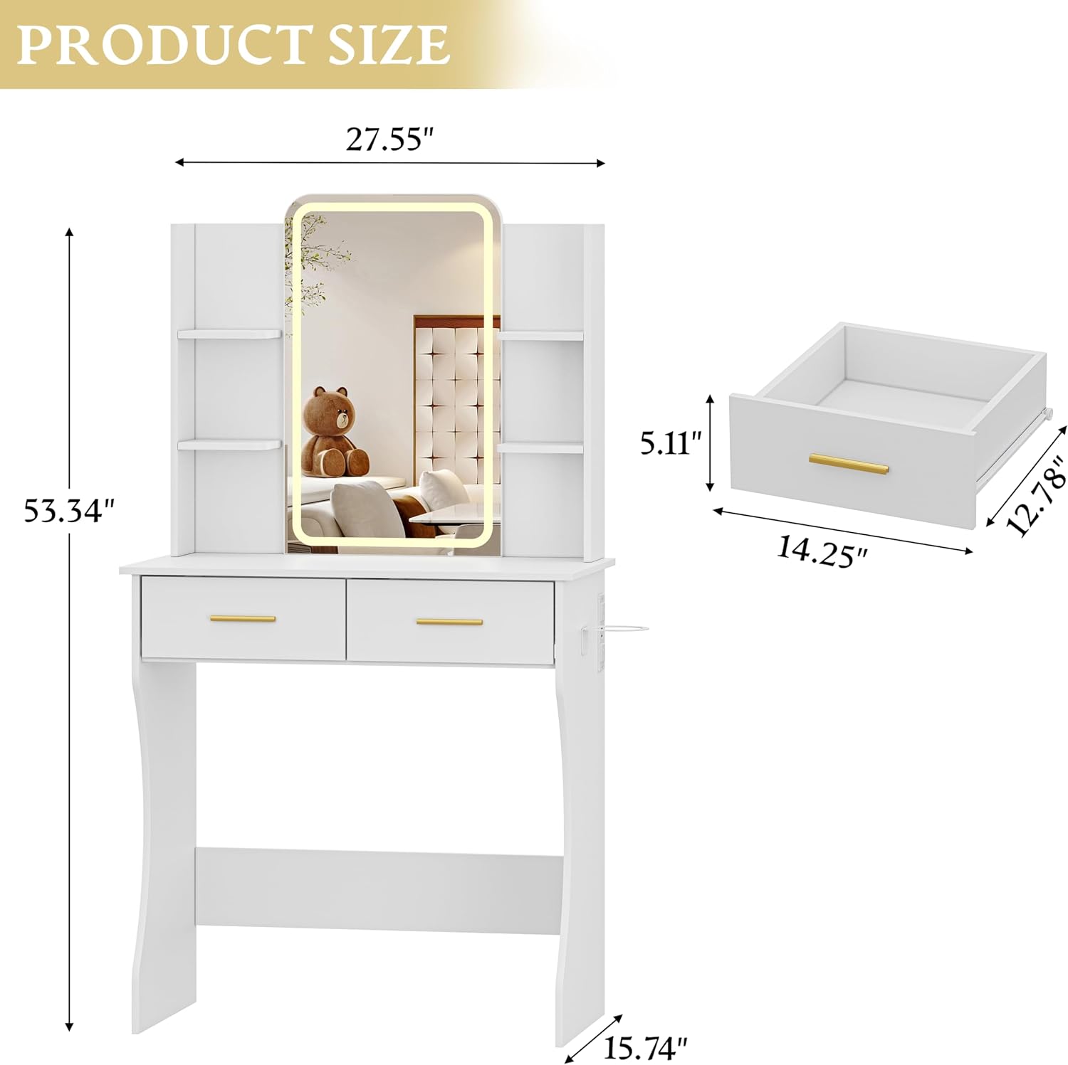 Xixini Vanity Desk with LED Lights Mirror & Power Outlet, Small Makeup Vanity Table Set with Storage Drawers, 3 Lighting Modes & Adjustable Brightness, Dressing Table for Women Girls Bedroom, White