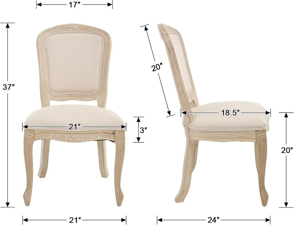 chairus French Country Dining Chairs Set of 6, Upholstered Linen Dining Room Chairs with Square Solid Back Natural Carved Leg Farmhouse Accent Side Chairs for Kitchen/Restaurant/Living Room, Cream