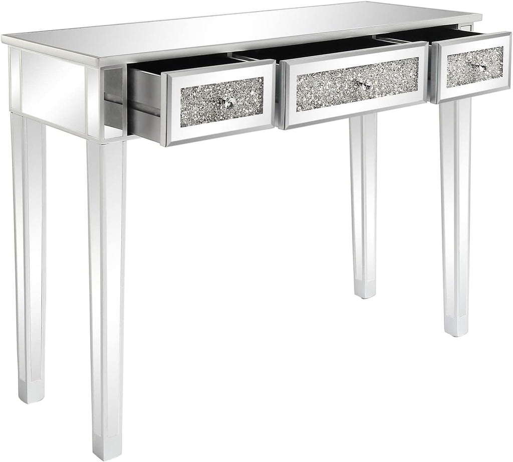 VINGLI Silver Mirrored Vanity Desk, Makeup Vanity Desk, Glass Desk with 3 Drawers, Glass Vanity for Women Girls Bedroom, Makeup Room & Office Writing Desk