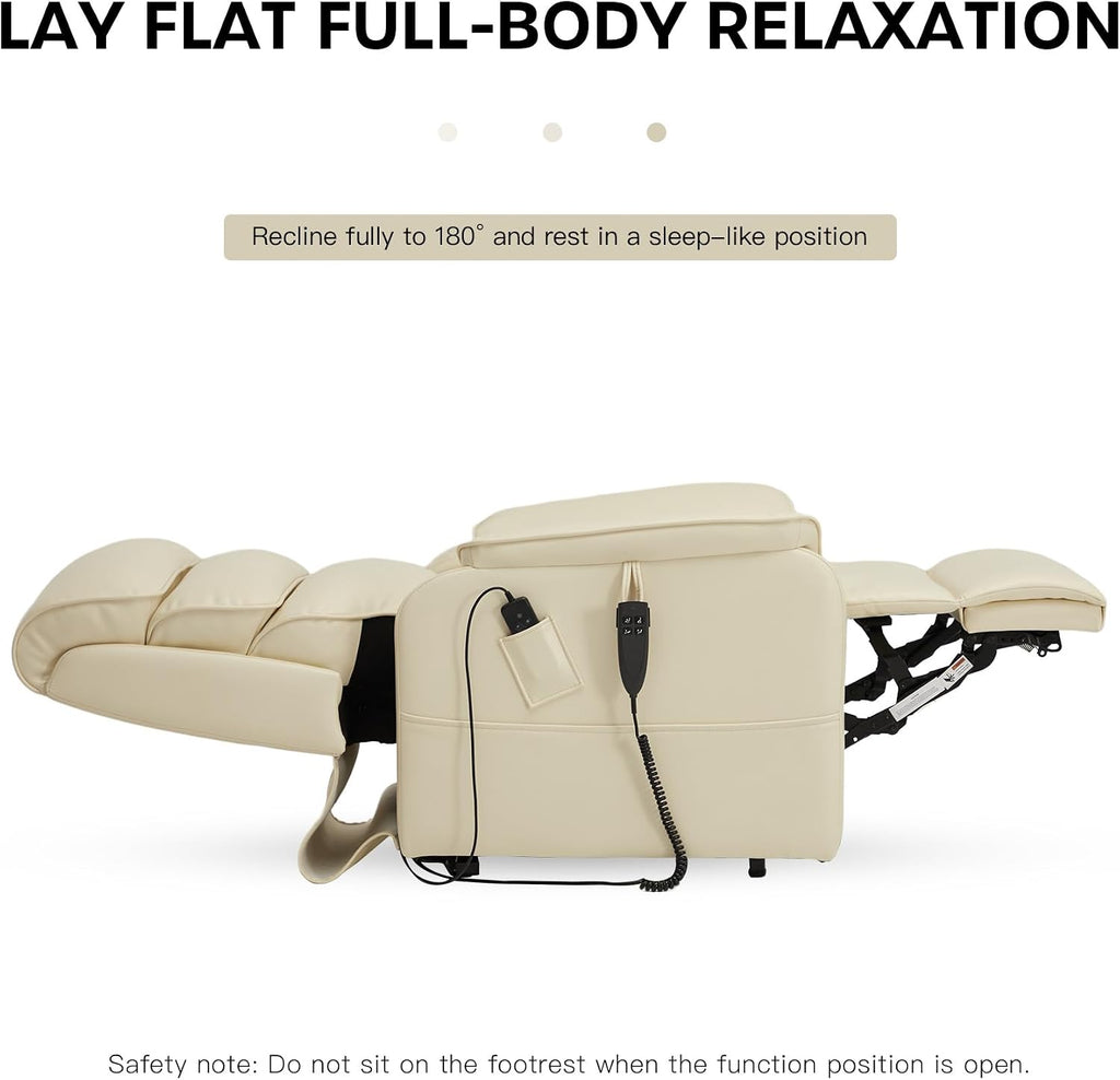 DYNOX Power Lift Recliner Chair for Elderly, Dual Motor Lay Flat Lift Chair with Heat & Massage, 350 LBS Capacity(9188,Faux Leather,Cream)