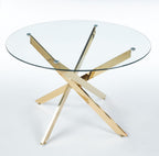 47.24" Round Dining Table for 6 8, Modern Clear Glass Kitchen Table for 6 with Gold X Metal Legs, Contemporary Circle Dining Room Leisure Tables for Kitchen Apartment