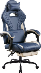 Gaming Chair with Footrest and Massage Lumbar Support, Ergonomic Computer Gamer Chair, Office Video Game Chairs (Blue)