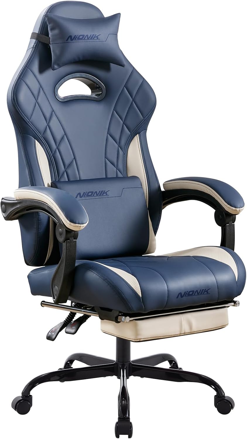 Gaming Chair with Footrest and Massage Lumbar Support, Ergonomic Computer Gamer Chair, Office Video Game Chairs (Blue)