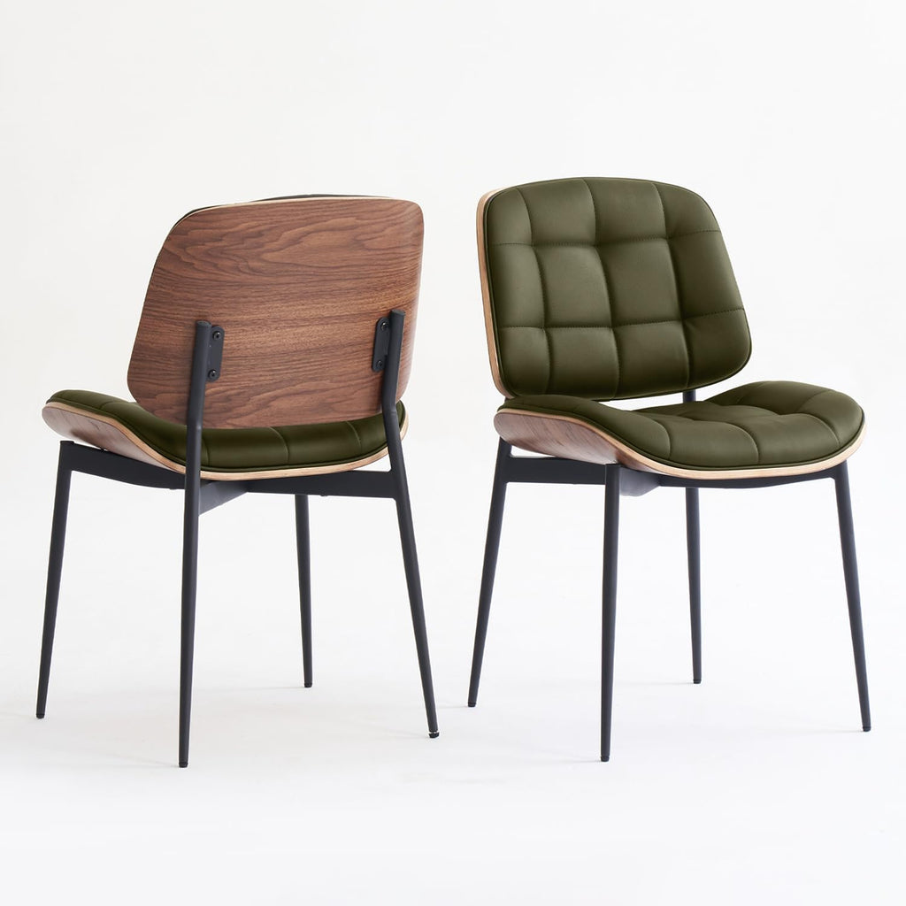 GrandNoor Mid Century Modern Dining Chairs with Walnut Grain Back, Green Faux Leather Dining Room Chairs Set of 4, Checkered Soft Cushion Kitchen Chairs with Adjustable Foot Pads