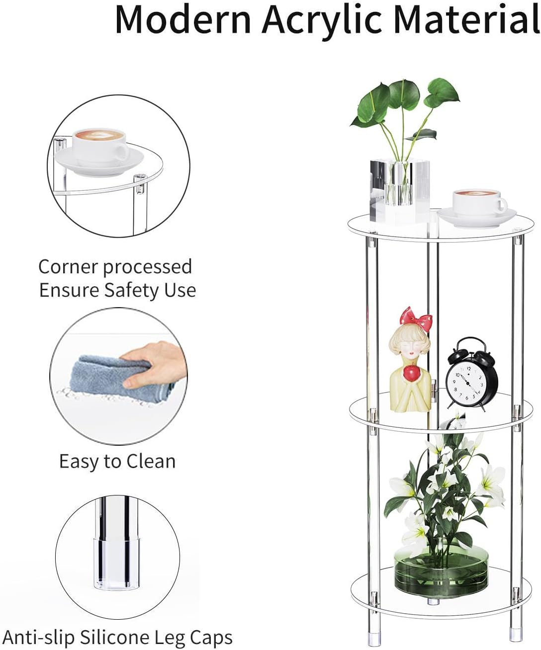 Clear Round Acrylic Side Table for Small Spaces, 11.81" L x 11.81" W x 26.7" H, 3 Tier Small Modern Drink End Table Nightstand, Minimalist Bedside Table for Living Room, Bedroom, Bathroom
