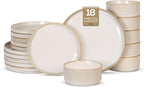 Romswi Ceramic 18Pcs Dinnerware Sets,Stoneware Plates and Bowls Set for 6, Chip & Scratch Resistant Ribbed Dish Set, Handmade Reactive Glaze, Oven, Microwave & Dishwasher Safe, Cappuccino White