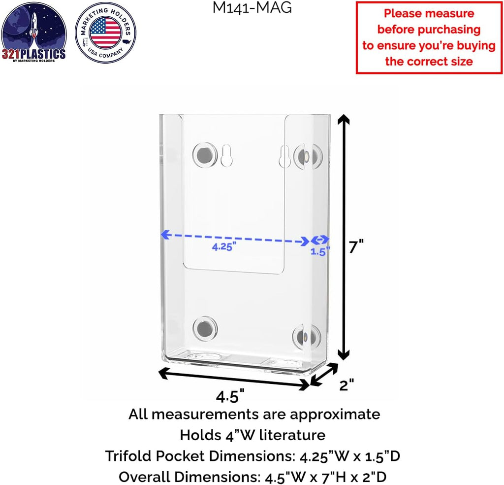 Marketing Holders Magnetic Brochure Holder for 4 Inch Wide Pamphlets Metal Surface Mount Menus Maps and Rack Cards Take One Clear Plastic Bin for Restaurants Medical Offices and Theme Parks