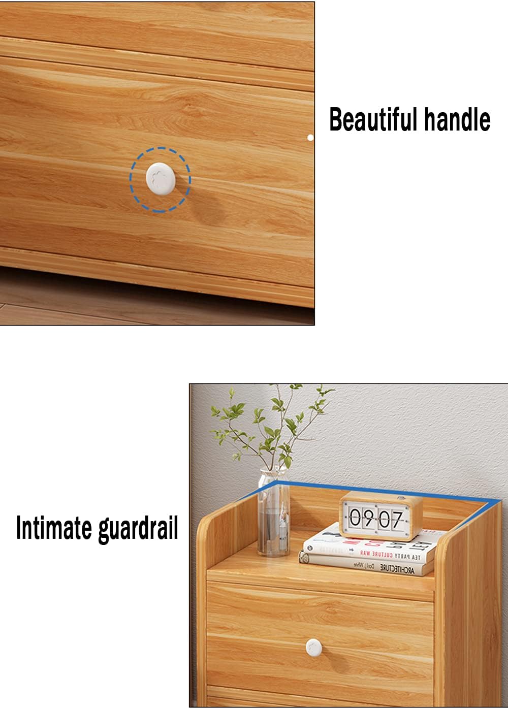 Bedside Table, Bedside Table Household Storage Cabinet 2 Drawers Guardrail Design Solid Wood e Small Telephone Station for Bedroom, Living Room 33x26x40cm(Color:White) (Wood Color)