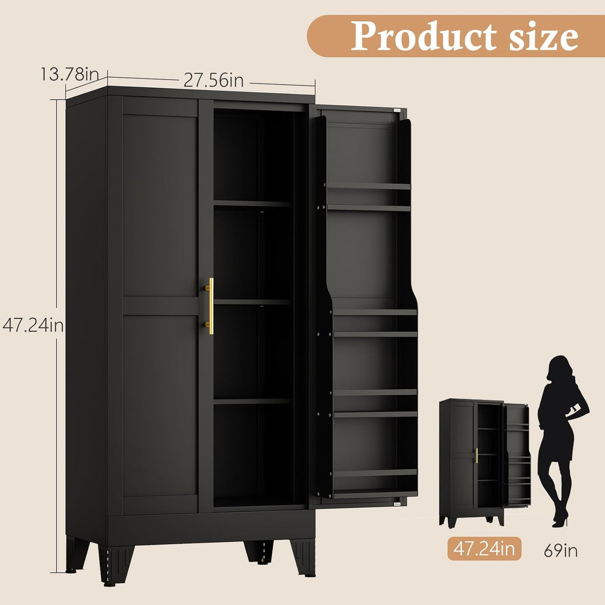 47.2" H Tall Metal Kitchen Pantry Storage Cabinet, Freestanding Storage Cabinet with Magnetic Doors and Adjustable Shelves, Black Metal Pantry Cabinets for Dining Room and Living Room