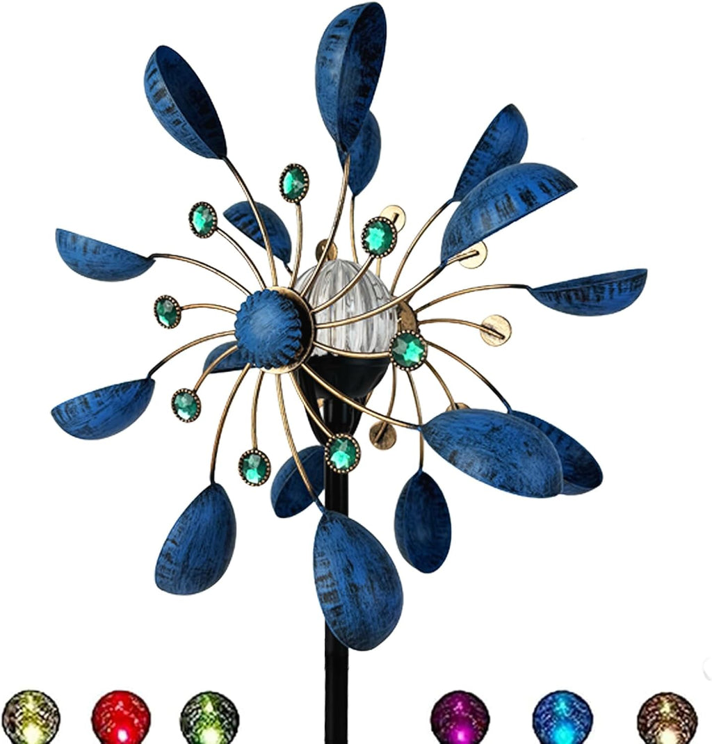 NUENUN Wind Spinner Outdoor Metal - Multi-Color Seasonal LED Lighting Solar Powered Glass Ball with Kinetic Wind Spinner Dual Direction for Patio Lawn & Garden (Blue with Light)