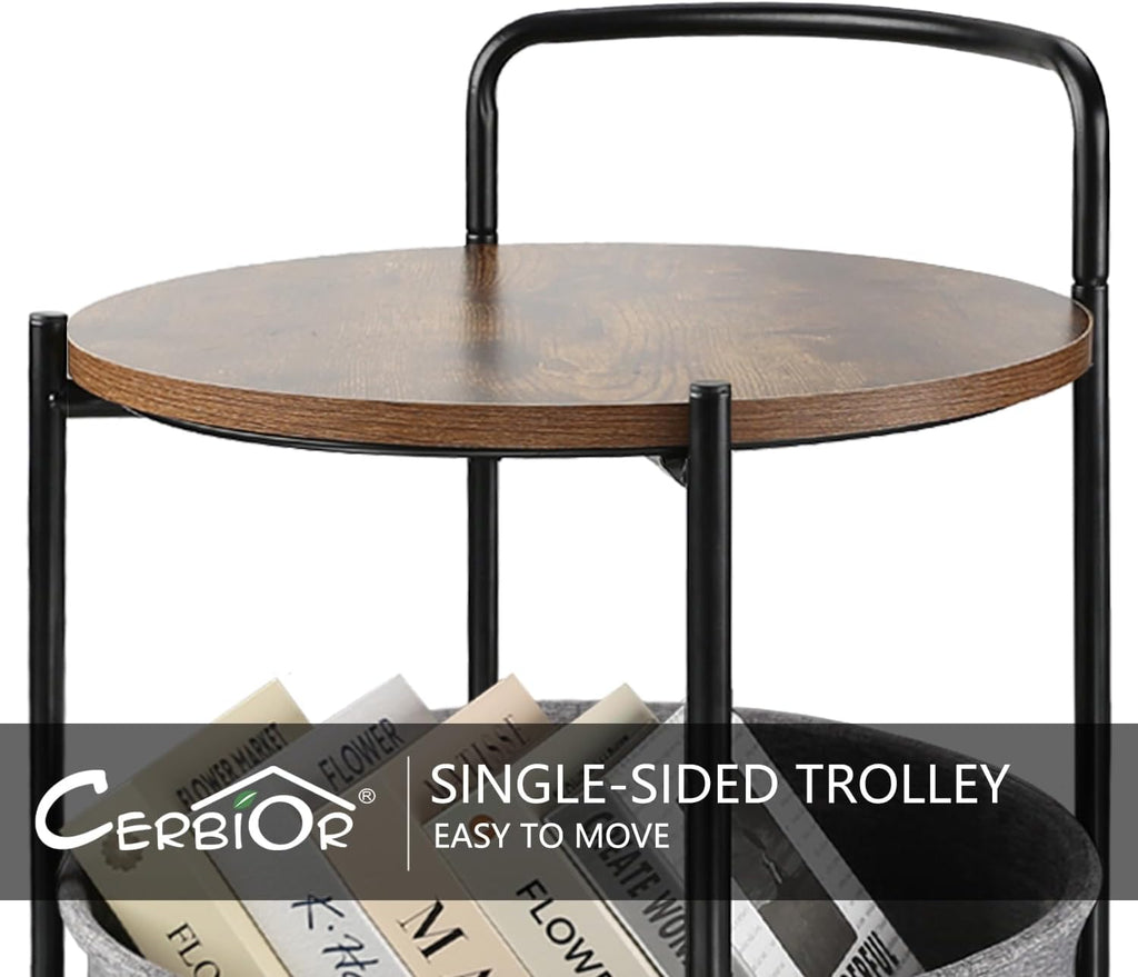 Rolling Round Metal Side Table,2-Tier Storage Side Table with Wheels,End Coffee Table with Steel Frame and Fabric Storage Basket,Cart Side Table Tray for Living Room,Bedroom,Wood Black