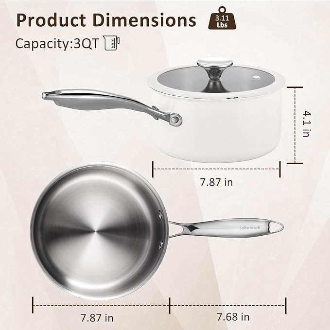 3 Quart Tri-ply Stainless Steel Saucepan with Glass Lid, Induction Sauce Pan Compatible with All Cooktops, Non-Toxic Sauce Pot with Stay Cool Handle, Oven & Dishwasher Safe