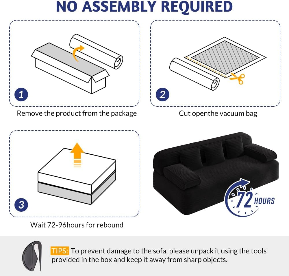 78.7'' Couches Queen, Corduroy Futon Sofa Bed, Modern Floor Couch, Cloud Convertible Sleeper Sofa Daybed, Comfy Loveseat, 3 Pillows, for Small Spaces, Living Room, Apartment, Black