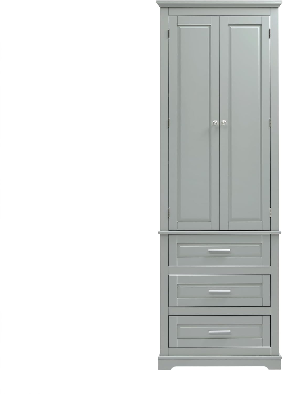 Merax 70" Pantry Cabinet with Two Doors & Three Drawer, Adjustable Shelves Storage Cupboard for Kitchen/Dining Room/Bathroom, Gray