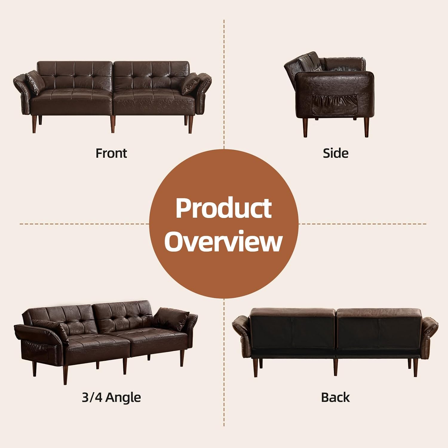 HALLYBEE 85" Futon Faux Leather Couch with Adjustable Armrests Coffee Brown | Futon Sofa Bed, Sleeper Sofa, Small Couch with Pillows, Side Pockets, Mid Century Modern, Living Room, Bedroom, Apartment