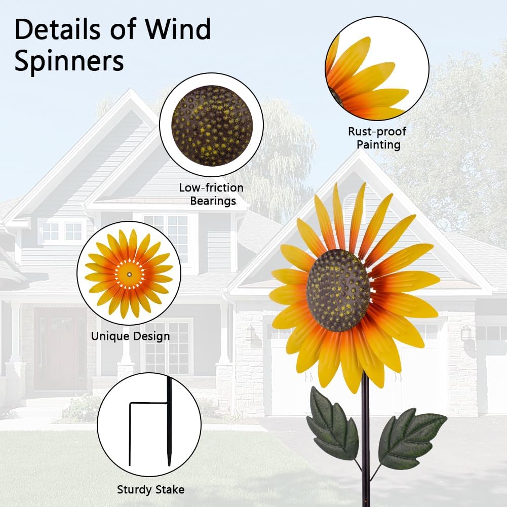 Yard Wind Spinner Outdoor,Garden Wind Spinners & Wind Sculptures,Sunflower Windmills Lawn Decor,Metal Flower Garden Pinwheels for Yard,12.8 * 57 Inches