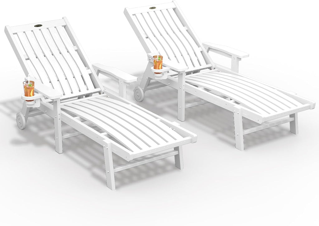 Outdoor Chaise Lounge Chair Set of 2,HDPE lounge chair outdoor with Wheels | Oversized pool lounge chairs with cup holder, 5 adjustable position for patio,outside,pool,deck