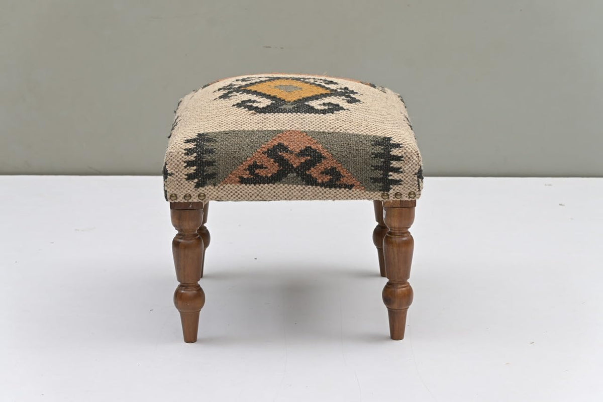 Handmade Jute Upholstered Ottoman Stool | Square Foot Rest with Wooden Legs | Decorative Accent Seating for Bedroom, Living Room, Entryway, Vanity & Hallway (Yellow-Beige)