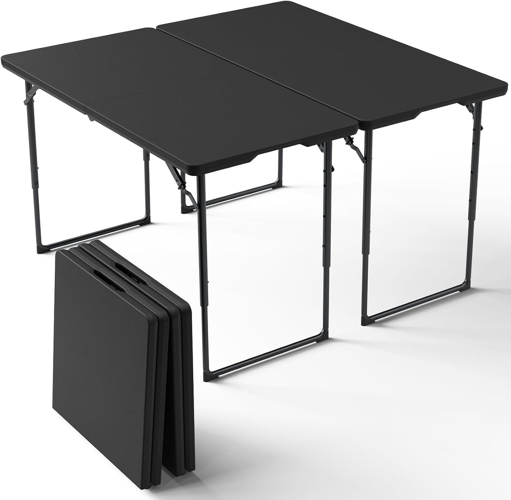 2 Pack 4ft Folding Table, Foldable Plastic Portable Picnic Table, Black | Large Surface Half-fold design with carry handle for Indoors/Outdoors Use Support up to 300 lbs Easy Setup & Waterproof