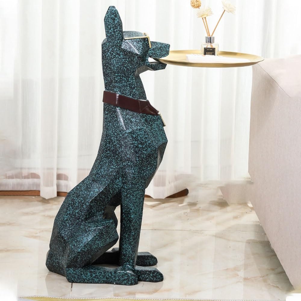Modern Resin Doberman Sculpture Side Table with Metal Serving Tray, Corner Table with Storage, Decorative Dog End Table for Living Room, Office, Home Decor(Black)