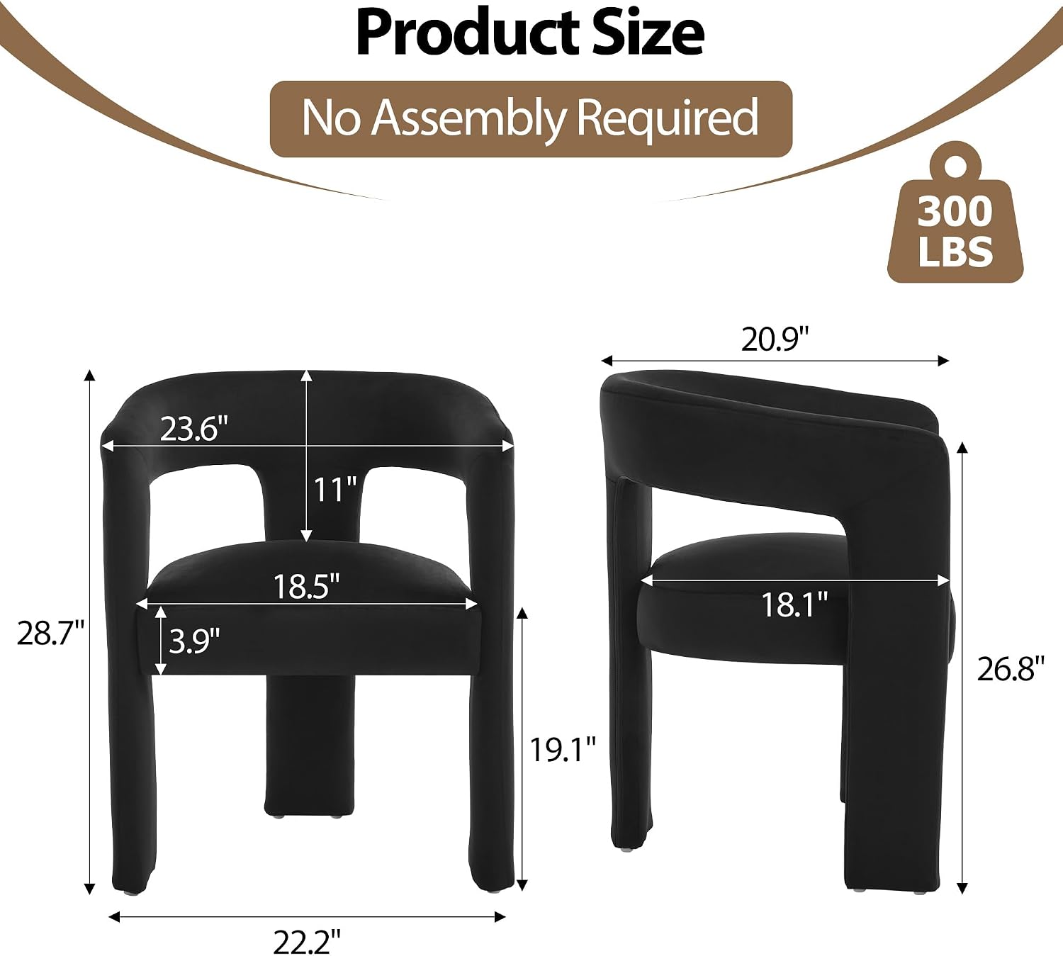 Modern Barrel Dining Chairs Set of 2, No Assembly Velvet Upholstered Dining Room Chairs with Open Back and 3 Legs, Comfy Accent Armchairs for Living Room/Bedroom/Kitchen/Reading, Black