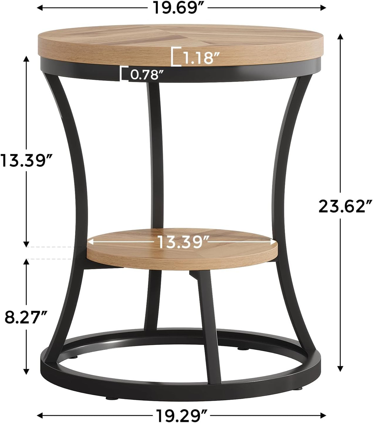 Round End Table, 2 Tier Industrial Side Table, Accent Bedside Table Nightstand with Metal Frame for Living Room, Bedroom, Small Spaces, Easy Assembly, Light Brown & Black