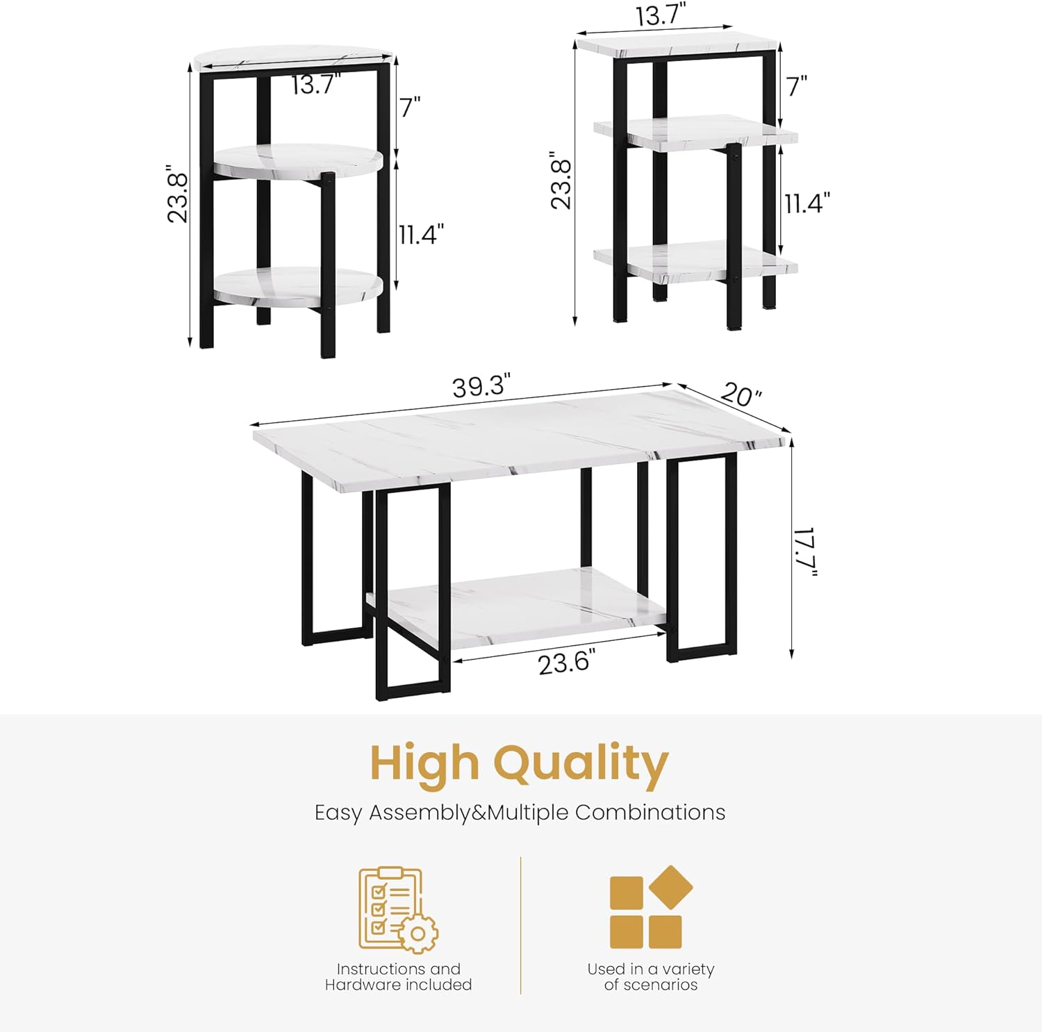 Lamerge Coffee Table Set of 3,Rectangle Coffee Table&2 Accent Table,Faux Marble Tabletop,3 Piece Living Room Table Sets with Multi Tier Storage, for Small Space, Apartment,White & Black