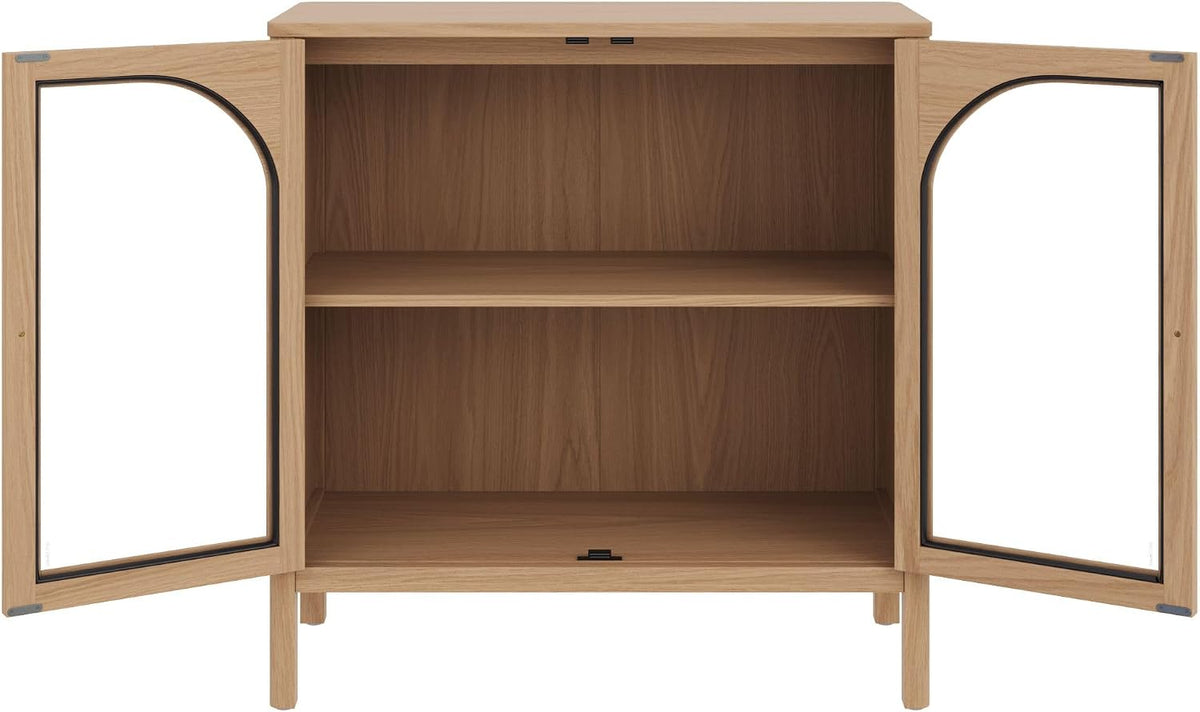 Nathan James Mason Modern Farmhouse Storage Cabinet, Free Standing Accent Sideboard Buffet, Cabinet with Glass Doors and Adjustable Shelf, Clear Glass/Raw Oak